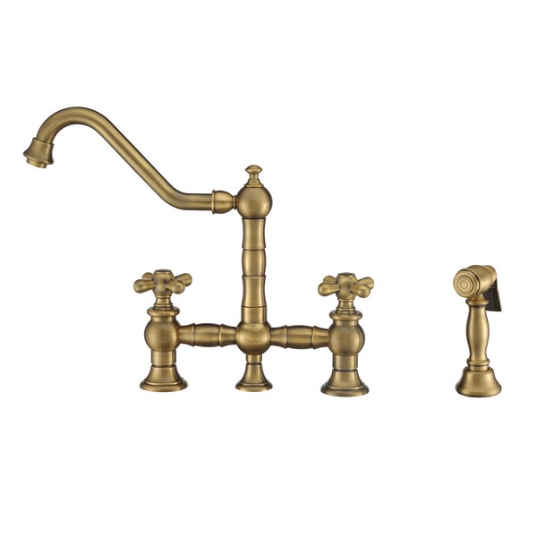 Whitehaus Bridge Faucet W/ Long Traditional Swivel Spout, Cross Handles And Brass WHKBTCR3-9201-NT-AB